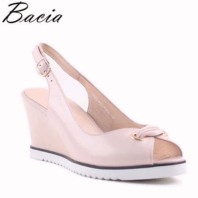 Bacia Spring New Fashion Sheep Skin Pumps Print Sandals Wedges Heel Women High Quality Genuine Leather Shoe Size 33-41 VXB017