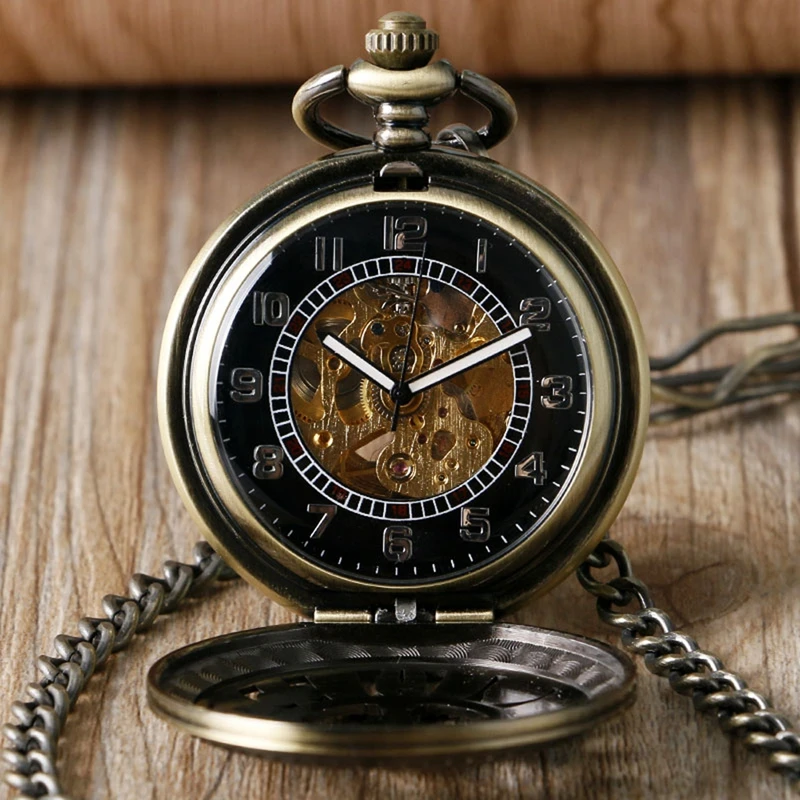 Винтаж бронза Для женщин Для мужчин механические Poket часы простой кулон череп мужской кулон карманные часы автоматический для подарков