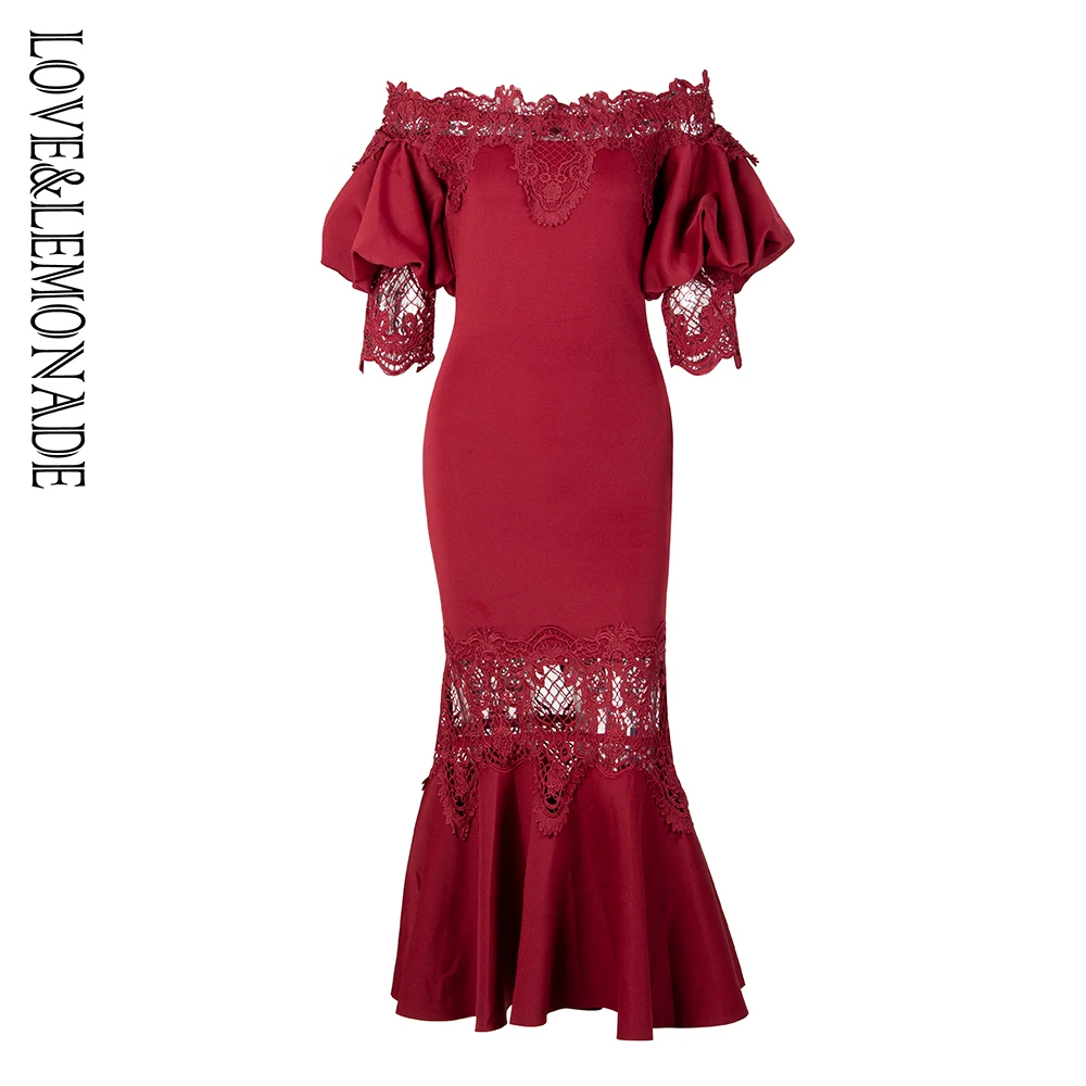 

Love&Lemonade Sexy Deep Red Drop Shoulder Lace Panel Lantern Sleeve Fishtail Style Party Dress LM1410