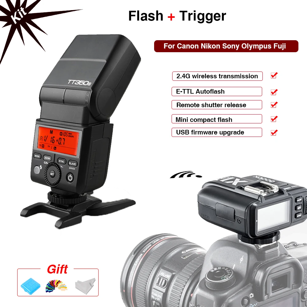 

Flash Kit Flash & Trigger Godox Mini flash TT350 Flash controller X1T Shutter remote For Canon Nikon Sony Olympus/Panasonic Fuji