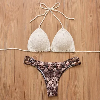 

Summer Women Sexy Bikini Set Sling Halter Bohemian Swimsuit Thong Print Knitting Swimwear Set bathing suit women Bikini trikini