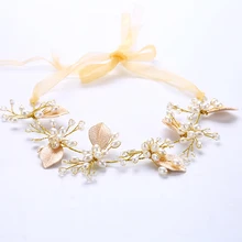 TUANMING Gold Leaf Simulated-Pearl Tiara Jewelry Transparant Manmade Crystal Beads Hair accessories Party Wedding Gold ribbon