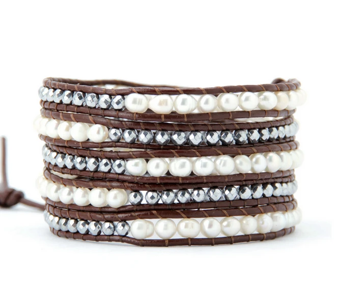 New Natural Freshwater Pearl Silver Color Beads Leather Wrap Bracelet Wholesale Vintage Bracelet ...