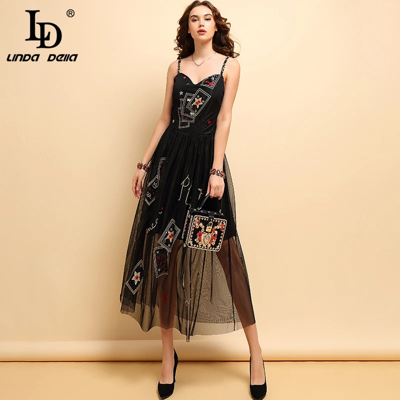 

LD LINDA DELLA Fashion Spring Summer Dress Women's Sexy V-Neck Mesh Overlay Star Embroidery Elegant Vintage Party Long Dresses