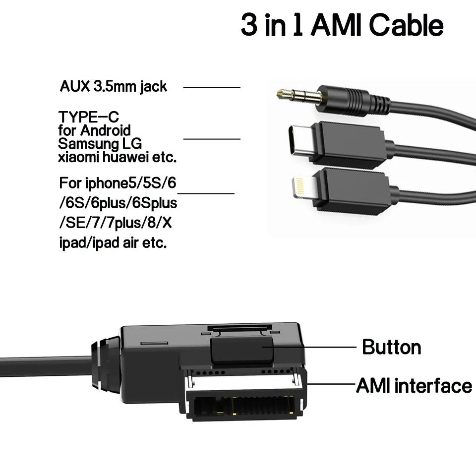 На обоих концах для подключения внешних устройств к автомагнитоле 3 в 1 auto MDI AMI MMI Интерфейс Jack 3,5 мм Мужской кабель для Audi A6L A8L Q7 A3 A4L A3 A4 A6 A5 A1 S5 Q5B6 B8 C6 B7 C7