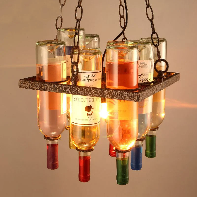 

Glass Wine Bottles Square Wine Rack Iron pendant lights Bar Wine cellar Restaurant Shackles Cord pendant lamp vintage