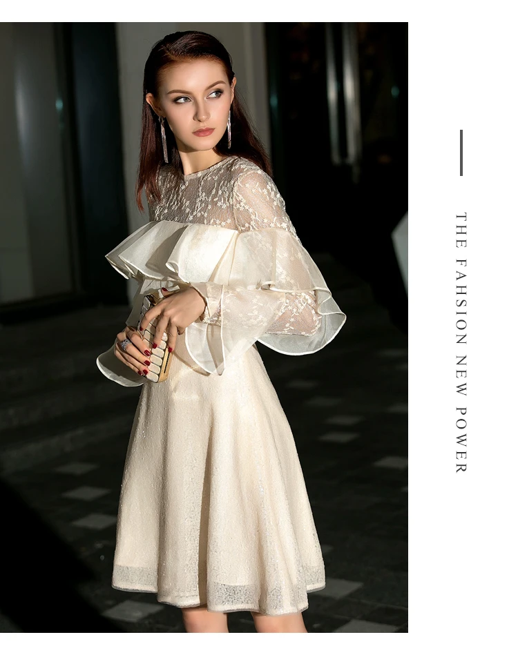 Formelle Beige Robe Hiver Femelle 2018 Femmes Automne Arrivée Dames Soirée Nouvelle Élégante De Volants 14xq0Z