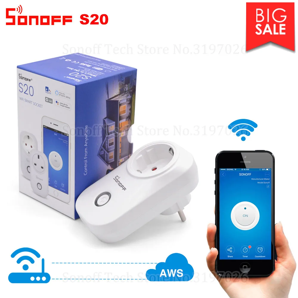 

Itead Sonoff S20 Smart WiFi Socket CN AU UK US EU Plug Wireless Remote Outlet Wifi Switch Works With Alexa Google Home Assistant