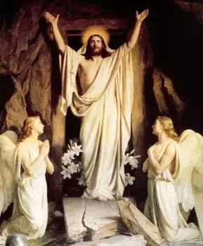 

Resurrection Christ Jesus with angels and white flowers by tomb #100% hand painted #Oil painting on Canvas #free shipping