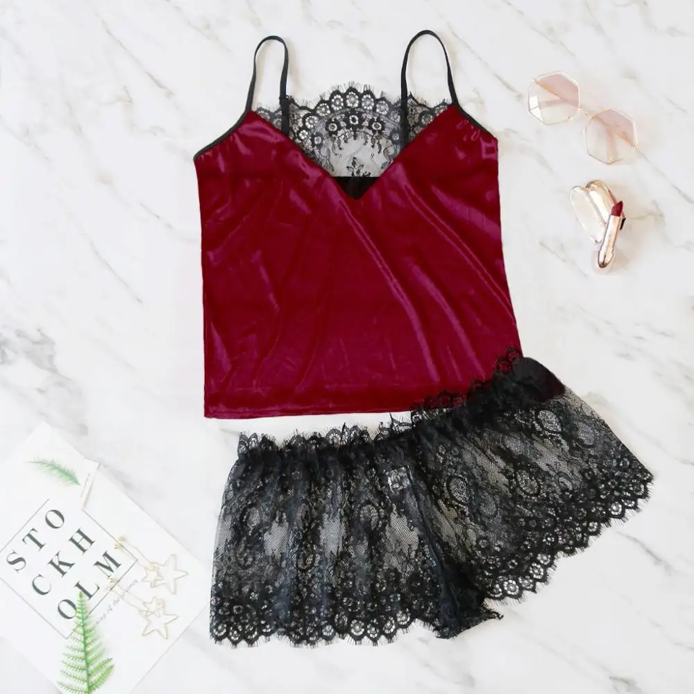 

Fashion Women V-neck Lace Sexy Underwear Silk Lingerie Camisole Top And Shorts Set Stain Sleepwear Set #2J27 Wholesale