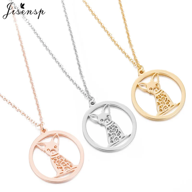 

Jisensp Stainless Steel Chihuahua Pendant Necklace Women Jewelry Kolye Hollow Animal Necklaces & Pendants Round Necklace