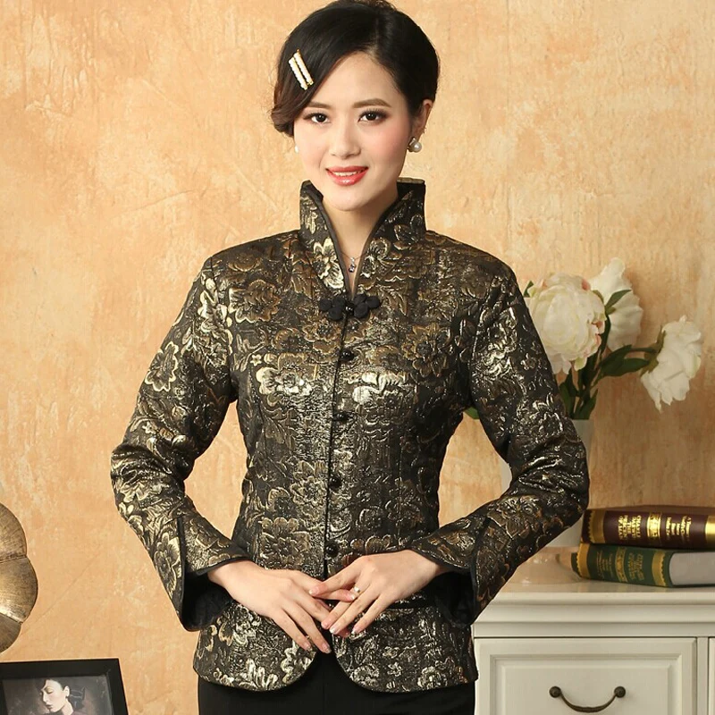 High Quality Slim Black Lady Satin Coat Chinese Vintage Style Elegant