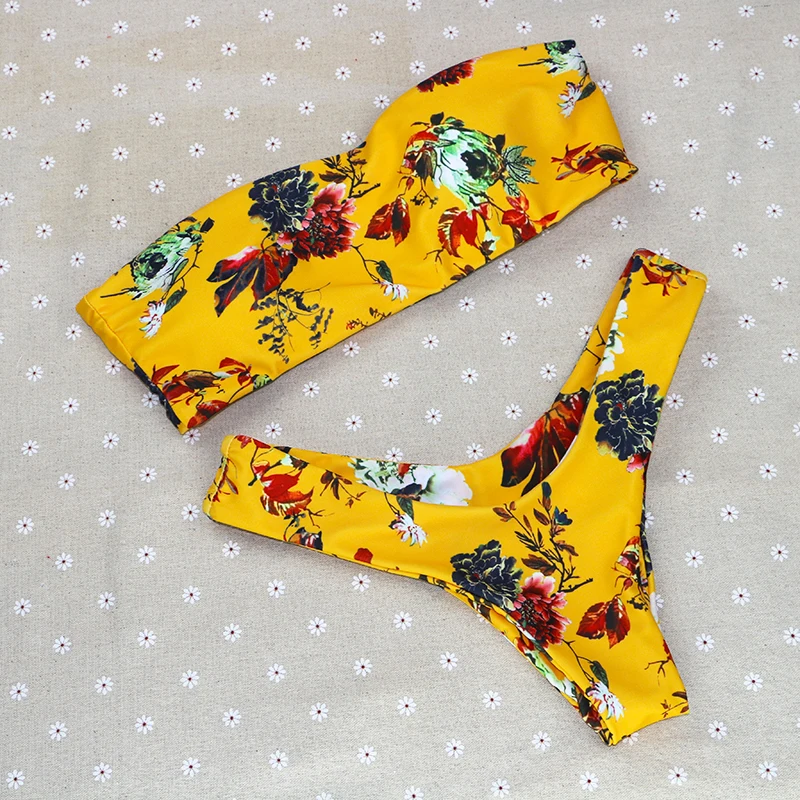 

sexy vintage brand high waist on sale solid yellow off shoulder floral girl women bikinis set wire free women swimwear swimsuit