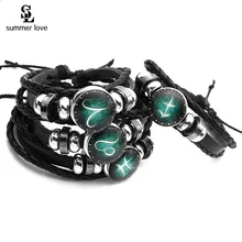 Moda cabujón luminoso 12 Constelaciones pulseras de cuero hombres joyería signo Zodiaco crecer en la pulsera oscura regalos de cumpleaños