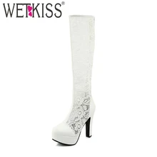 WETKISS/летние кружевные женские ботинки обувь до колена на платформе с круглым носком на молнии Осенняя модная женская обувь на высоком каблуке