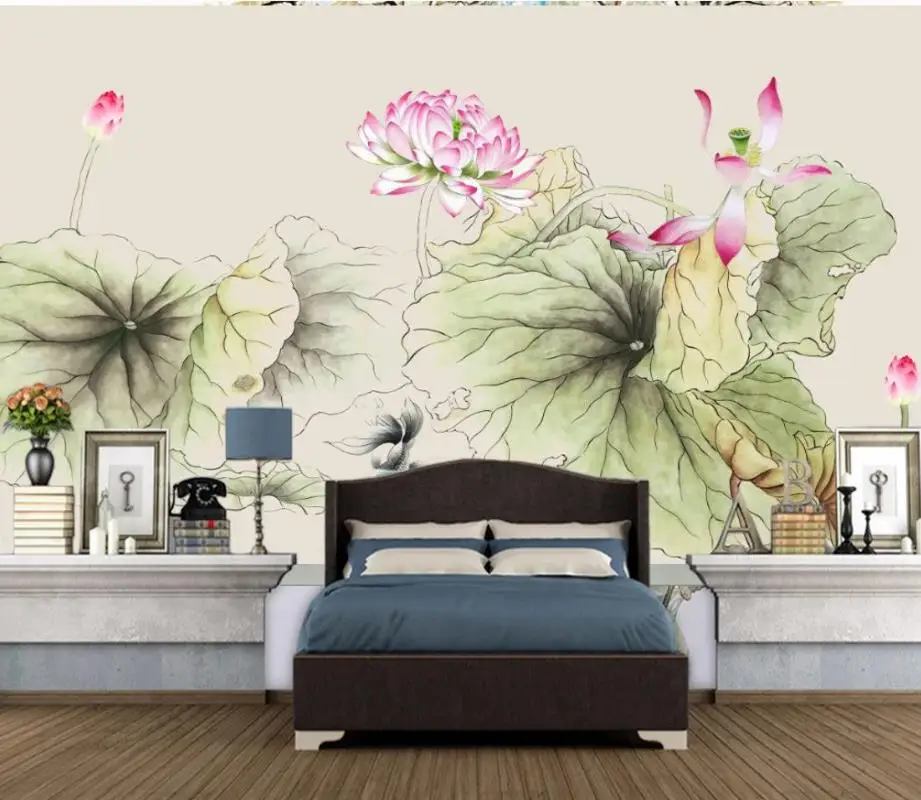 

Chinese style hand-painted red lotus TV background wall modern wallpaper for living room