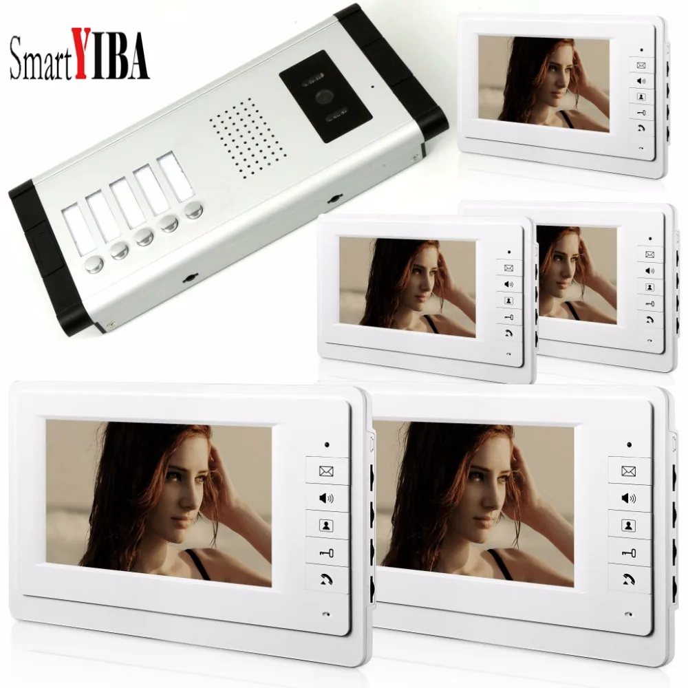 SmartYIBA 7'' color video door phone 5 monitors with 1 intercom doorbell can control 5 houses for multi apartment Free shipping