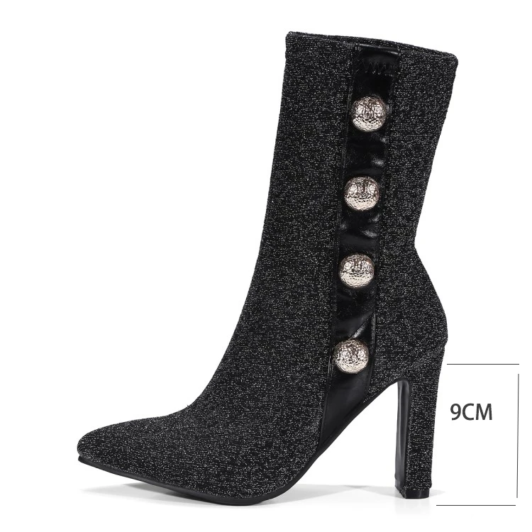 Chaussette Talons Cheville Argenté Chaussures Bottes Haute Bout Dames Sur Pointu Stiletto Pompes silver 9 Noir Femmes Black Stretch Tissu Slip Cm nwN0PyvOm8