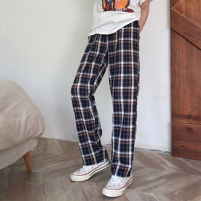 

Women's Pants Korean Punk Harajuku Ulzzang Casual Vintage Plaid Straight Buttom Female Cute Vintage Kawaii Trousers For Women
