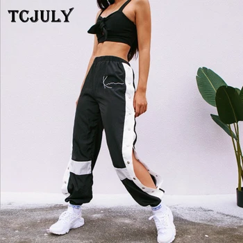 

TCJULY Fashionable Side Split Harem Pants Women High Waist Letter Embroidered Casual Trousers Streetwear Slim Black Jogger Pants