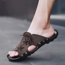 Сандалии мужские летние Нескользящие индивидуальные Тапочки мужская пляжная обувь с мягкой подошвой модные высококачественные кожаные Тапочки