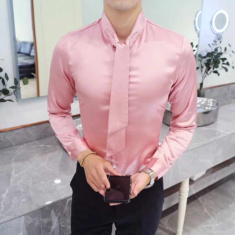 Рубашки Для мужчин розовый Camisa Masculina Slim Fit рубашки для Для мужчин s шелк Для мужчин s смокинг рубашки с галстуком платье с длинным рукавом клуб наряды