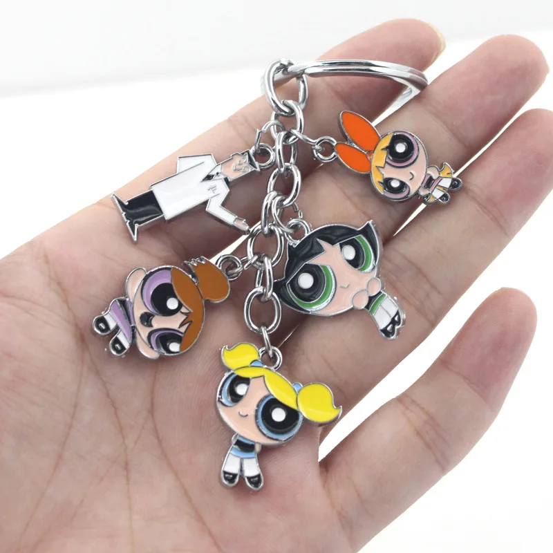 

The Powerpuff Girls Figures Key Chain Blossom Professor Utonium Keyring Round Cartoon Key chain zinc alloy keyring cosplay Gift