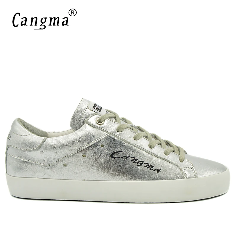 

CANGMA Luxury Fashion Brand Sneakers Men Silver Patent Genuine Leather Breathable Mans Lace Up Shoes Male Flats Casual Shoes