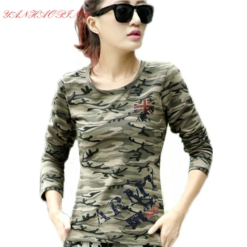 Модная Новая женская камуфляжная футболка с длинным рукавом весна осень женские тонкие футболки женские хлопковые армейские защитные майки WSA49