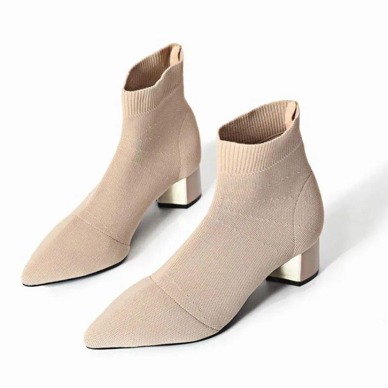 

Dropshipping Knitted Elastic Socks Boots Medium Heeled Short Boots Women Point Toe Ankle Boots Winter Autumn Fashion