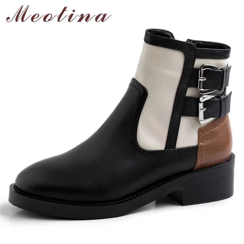 

Meotina Winter Ankle Boots Women Natural Genuine Leather Zipper Block Heel Short Boots Buckle Mixed Colors Shoes Lady Fall 33-40