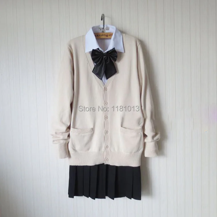 japanese school uniform suit set Almond / Beige Cardigan sweater + solid white long sleeve shirt + pure black Pleated skirt