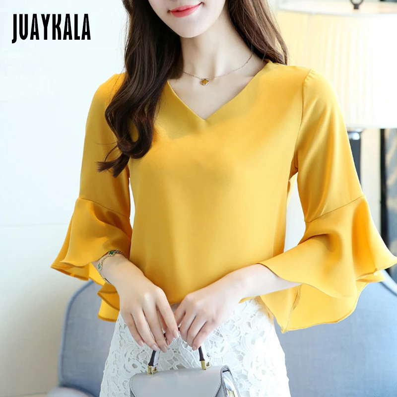 JUAYKALA short sleeve print Ruffle chiffon blouse women Solid color shirt Fashion blusas feminine OL | Женская одежда
