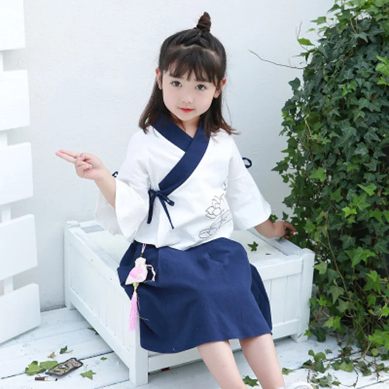 2019 Summer New Children's Clothing Girls Cotton and Linen Chinese Style Dress National Wind Retro Two-piece Sachet Kimono Set |