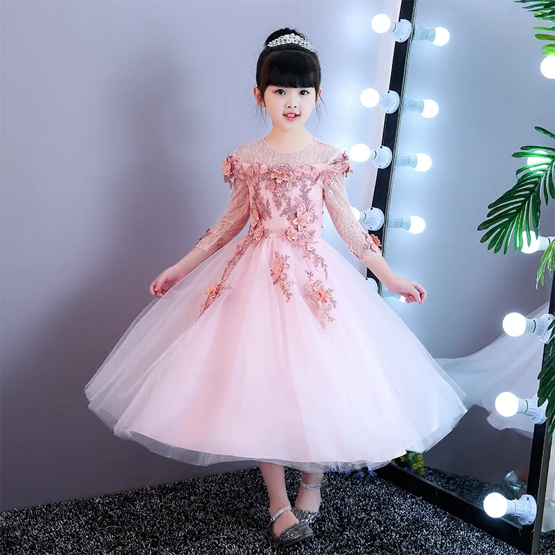 

Ankle-Length Ball Gown Flower Princess Dress Appliques Floral Girl Dress For Birthday Party Lace First Communion Dresses AA68