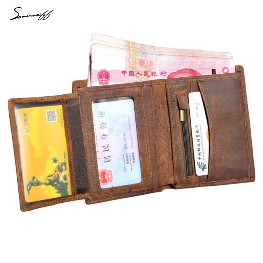 

New Vertical Style Men Purse Custom Name Gifts Crazy Horse Genuine Leather Short Wallet Three Fold High-Capacity Purse Male