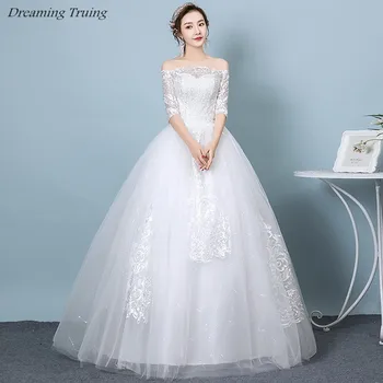 

Shiny Half Sleeve Ball Gown Wedding Dresses With White Appliques Lace Up Boat Neck Off Shoulder Bridal Dress Robe De Mariee 2019