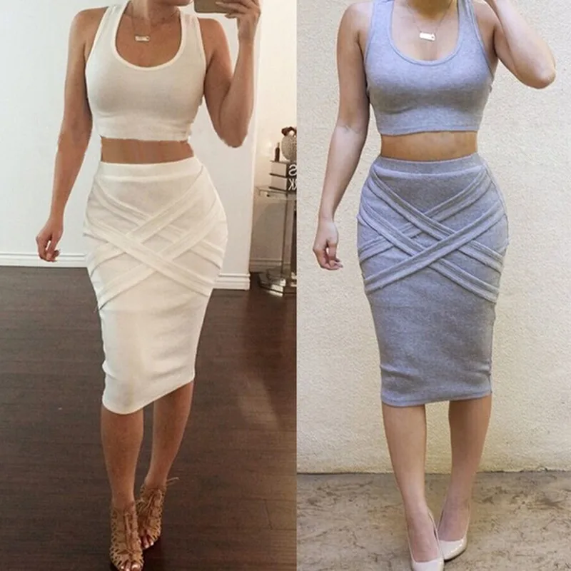 2016 Fashion Women Summer Sets 2 Pieces Club Dress Set Female O Neck Crop Tops & Skirt New Sexy Strapless Women\'s Clothes Suit (18)