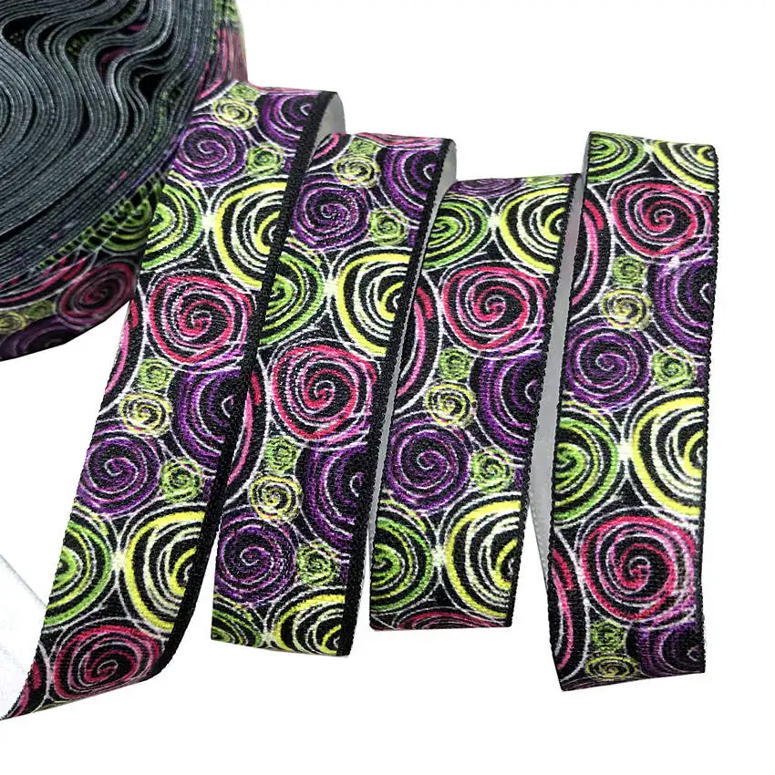 

Colorful Swirl Print Fold Over Elastic 16mm Stripe FOE Ribbon Webbing for DIY Headwear Hair Tie Hair Accessories 10 Yards
