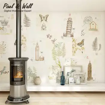 

Plants and buildings collage large mural nordic wallpaper STDM30609