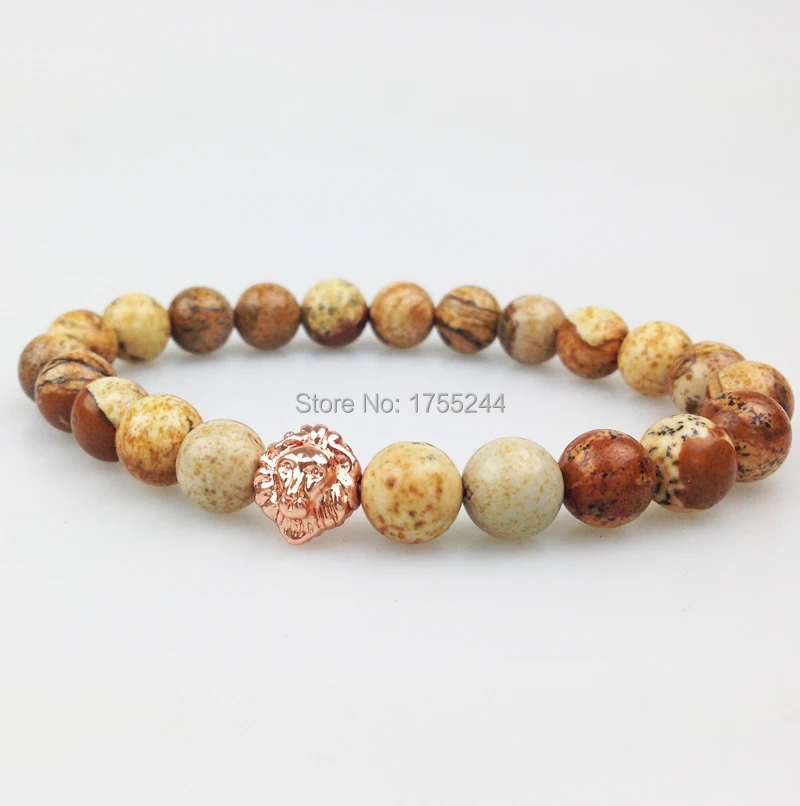 SN0355 Wholesale Gold Rose Gold Silver Plated Lion Head Bead Bracelet Fashion Jasper 8mm Bead Bracelet Women Men Stretch Bracelet.JPG