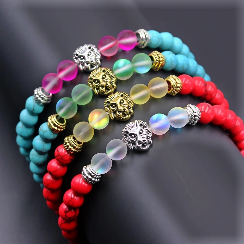 

Fashion Gold Silver Lion Bracelets Charm Crown Couple Bracelets Natural MoonStone Bead Braslet For Men Hand Jewelry Accessories