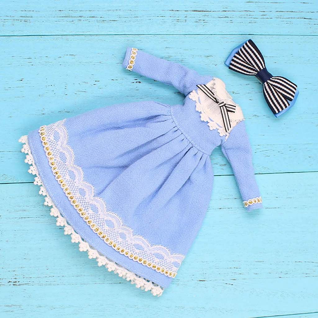 Light Blue Skirt Dress Hairclip Clothing for 1/6 Fashion Doll Neo Azone Licca Dolls Accessories