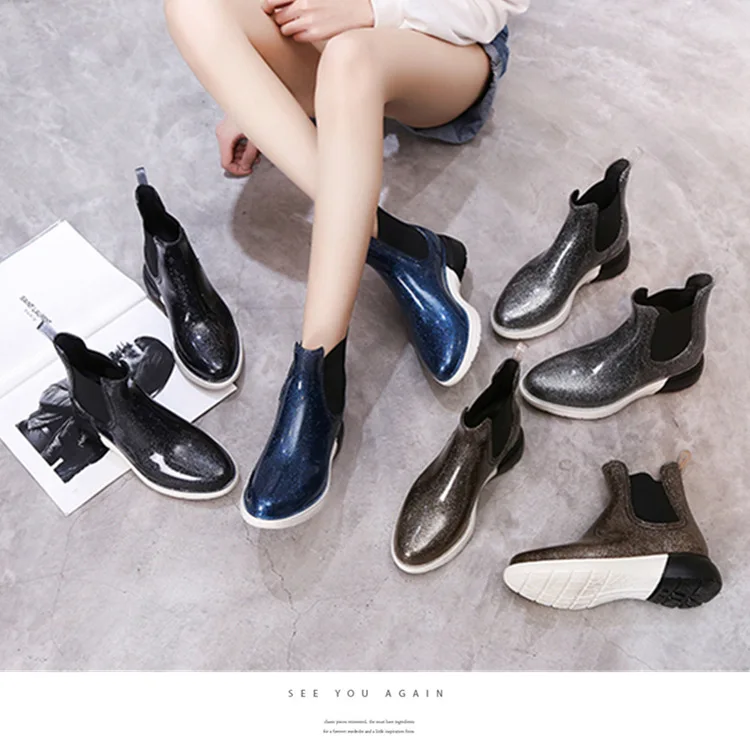 

Ladies Rubber Ankle Rain Boots With Heel Women Water Shoes Ankle Slip On Pvc Rainboots Short Boots Fashion Casual Tenis Feminino