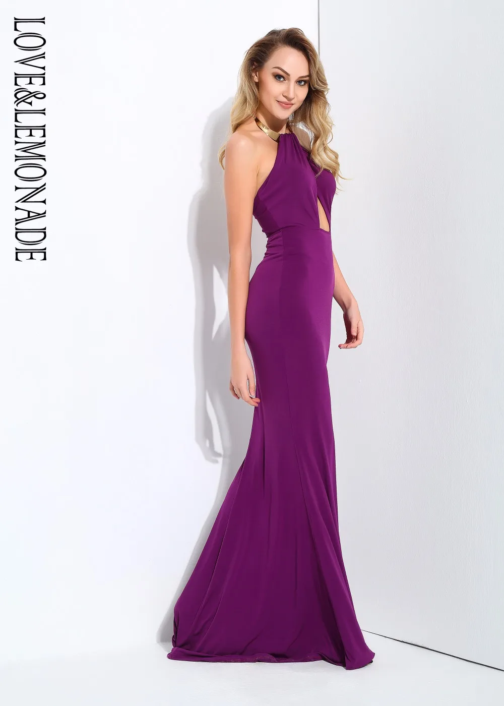 Love& Lemonade фиолетовое с вырезами открытое сзади металлическое украшение на шею длинное платье LM0812