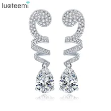 LUOTEEMI Water Drop CZ Cristal Curvado de Tubos Largos Pendientes para La Joyería de La Boda de Oro Blanco Plateado Brincos Aretes Colgantes de La Vendimia