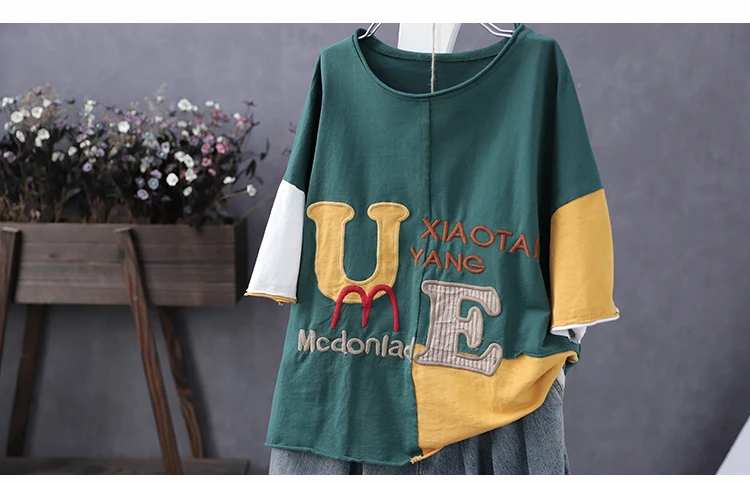 Women Summer Fashion Brand China Style Vintage Patchwork Letter Embroidery Short Sleeve T-shirt Female Casual Loose Tee Tshirts