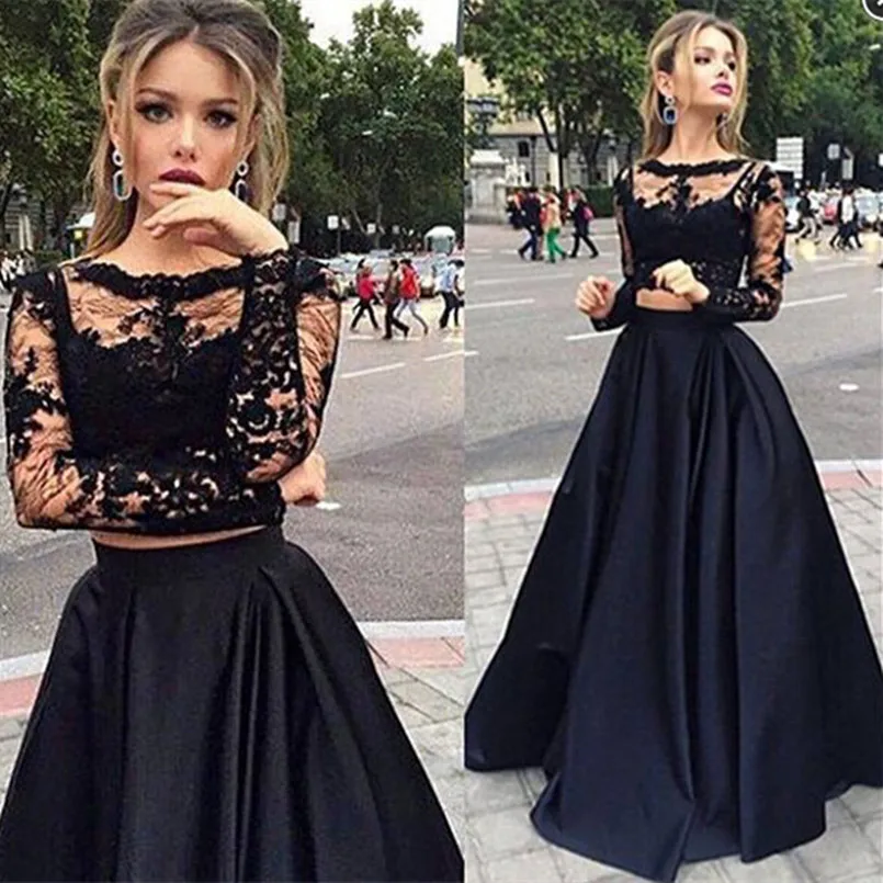 

Saudi Arabia Black Two Pieces Evening Gowns Long Sleeves Lace Prom 2 Pieces Crop Top Graduation Long mother of the bride dresses