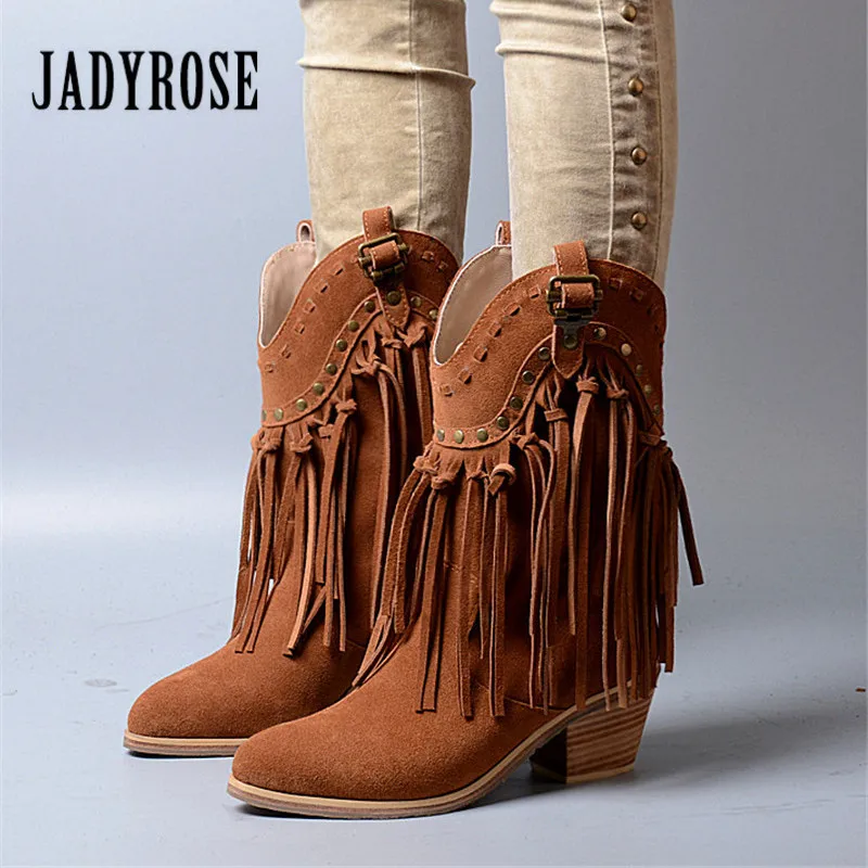 Jady Rosa Marrón Con Flecos Mujeres Chunky de Tacón Alto Botas de Gamuza Resbalón de Las Mujeres Remaches Tachonado Plataforma De Goma Otoño Invierno Botas