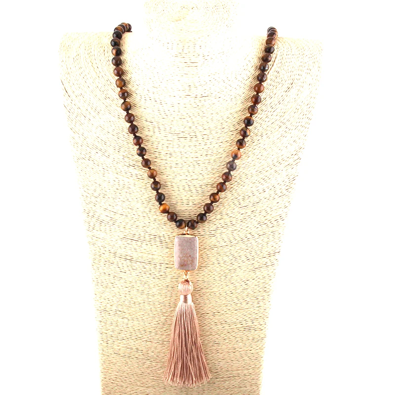Модное богемное этническое ювелирное изделие из натурального камня с узлом, бежевое ожерелье с кисточкой, женское этническое ожерелье